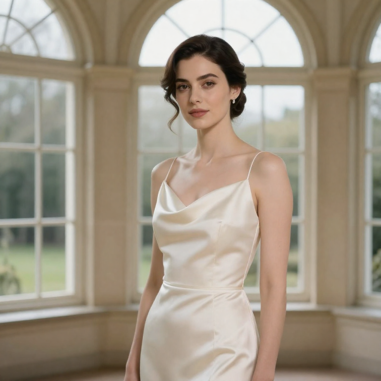 AI-generated portrait of a fictional adult woman with dark chestnut hair in a low chignon wearing an ivory silk evening gown beside arched windows, produced with PrimeBio