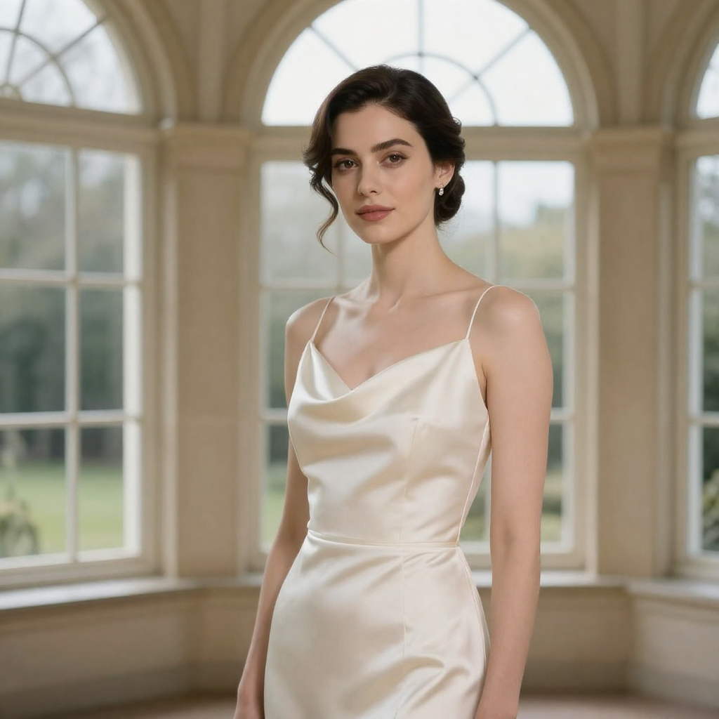AI-generated portrait of a fictional adult woman with dark chestnut hair in a low chignon wearing an ivory silk evening gown beside arched windows, produced with PrimeBio