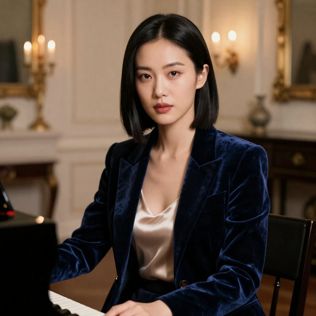 AI-generated portrait of a fictional adult woman with glossy black hair wearing a midnight-blue velvet blazer over a champagne silk camisole, seated at a grand piano in a candlelit salon, produced with PrimeBio